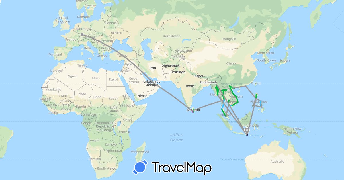 TravelMap itinerary: driving, bus, plane, train, boat in United Arab Emirates, Germany, Hong Kong, Indonesia, Cambodia, Laos, Sri Lanka, Myanmar (Burma), Malaysia, Philippines, Thailand, Vietnam (Asia, Europe)